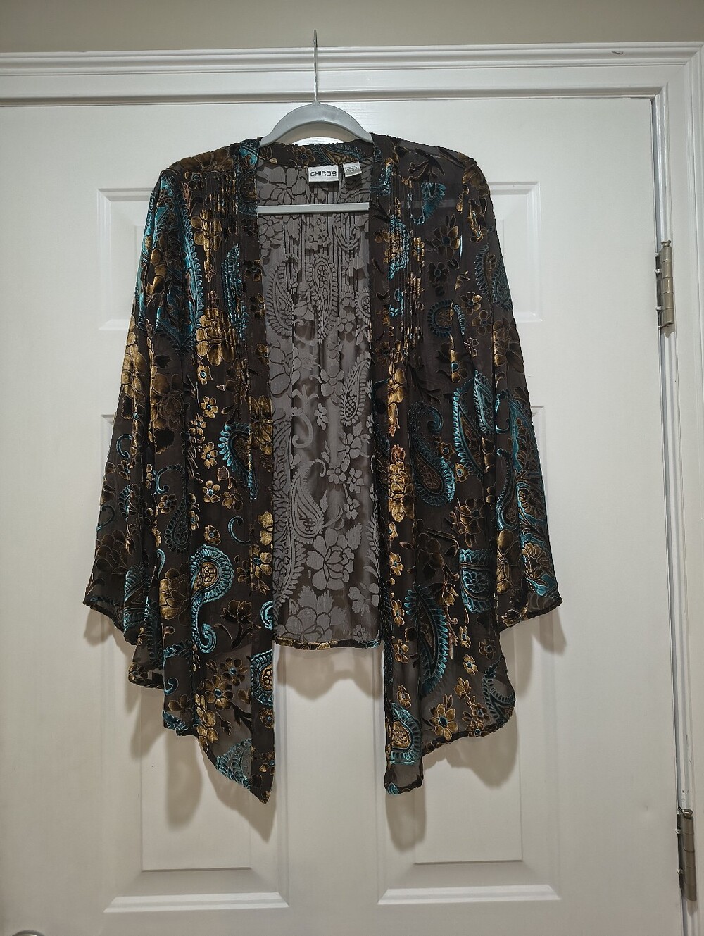 Chico's Brown Velvet Open-Front Cardigan with Teal and Gold Paisley Medium